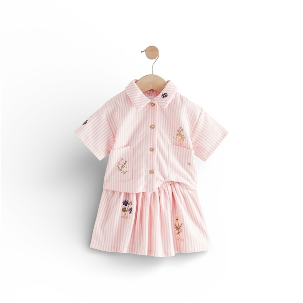 226. Next Pink Striped Button Down Shirt with Floral Embroidery Girls 4-5 NWT